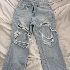 GREAT SMOKY Light Wash Distressed High Rise Mom Ripped Sz 1 Women's Blue Jeans